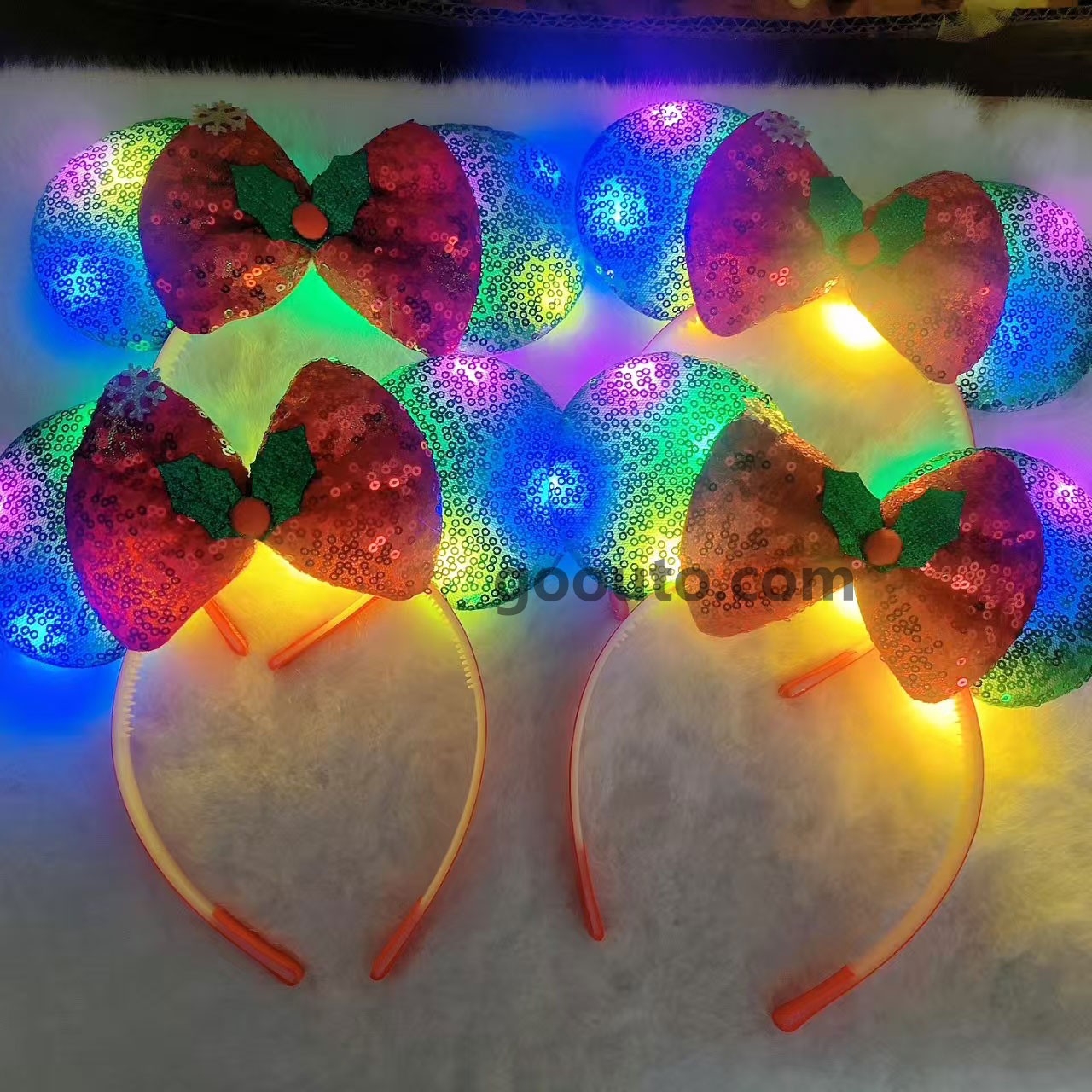 CS-062 LED Sequin Bow Headband with Snowflake Holly Christmas Light-Up Wholesale