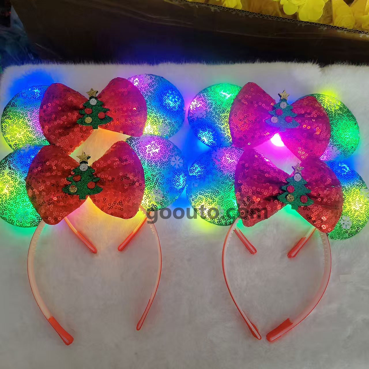 CS-061 LED Sequin Bow Headband with Christmas Tree Light-Up Wholesale