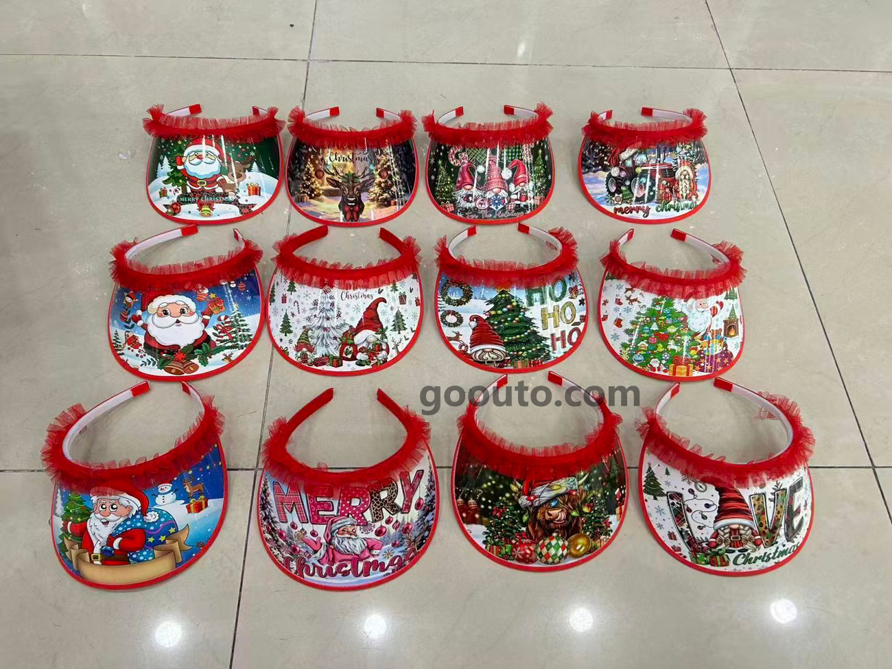 CS-067 Christmas Santa Claus Gift Print Visor Headband with Red Lace Trim Wholesale