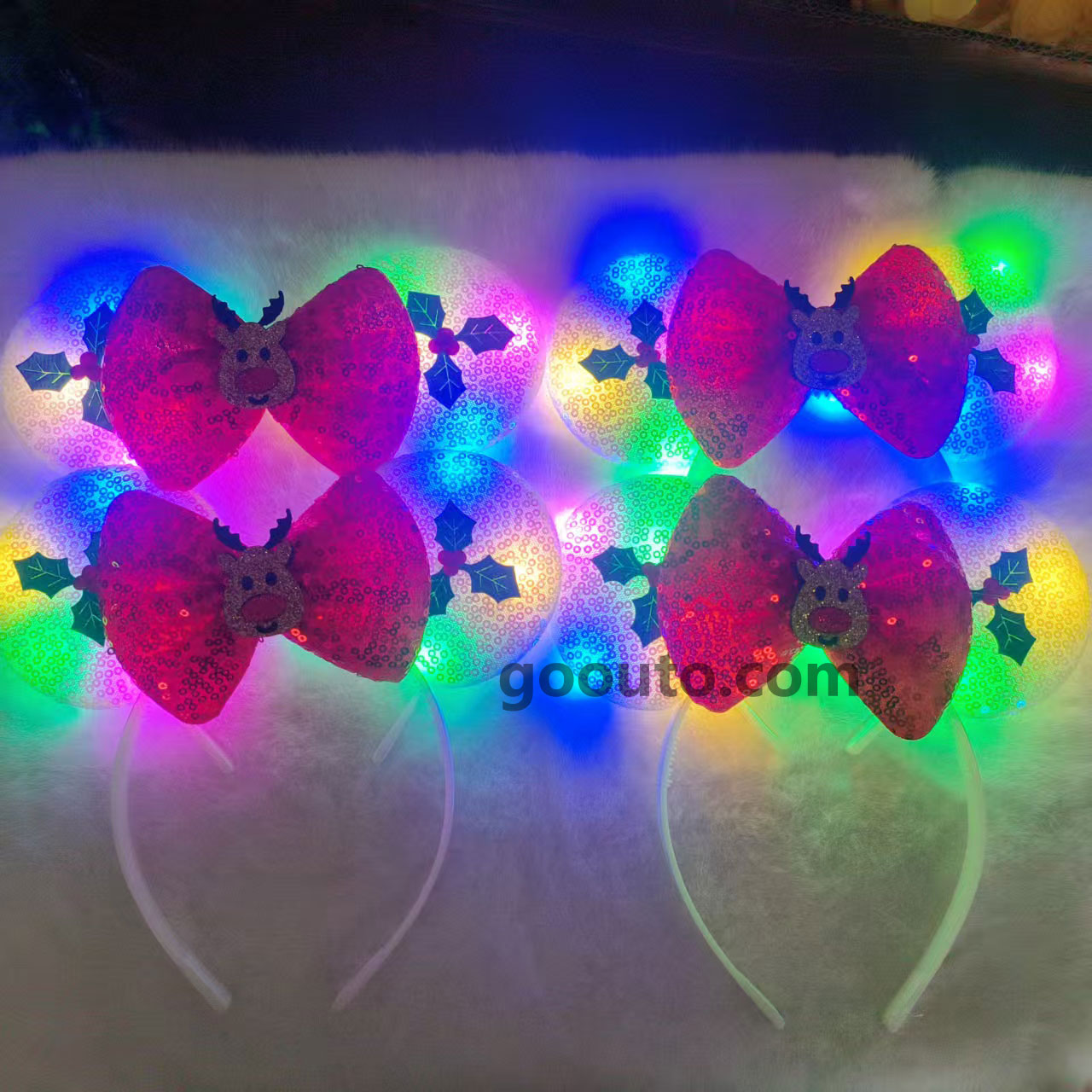 CS-070 LED Sequined Bow Headband with Reindeer Holly Christmas Light-Up Wholesale