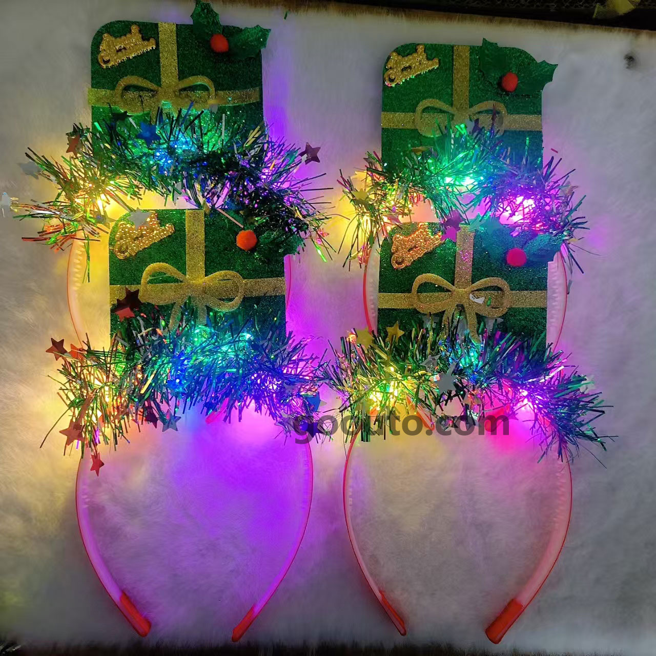 CS-072 LED Green Gift Box Christmas Headband with Tinsel Stars Light-Up Wholesale