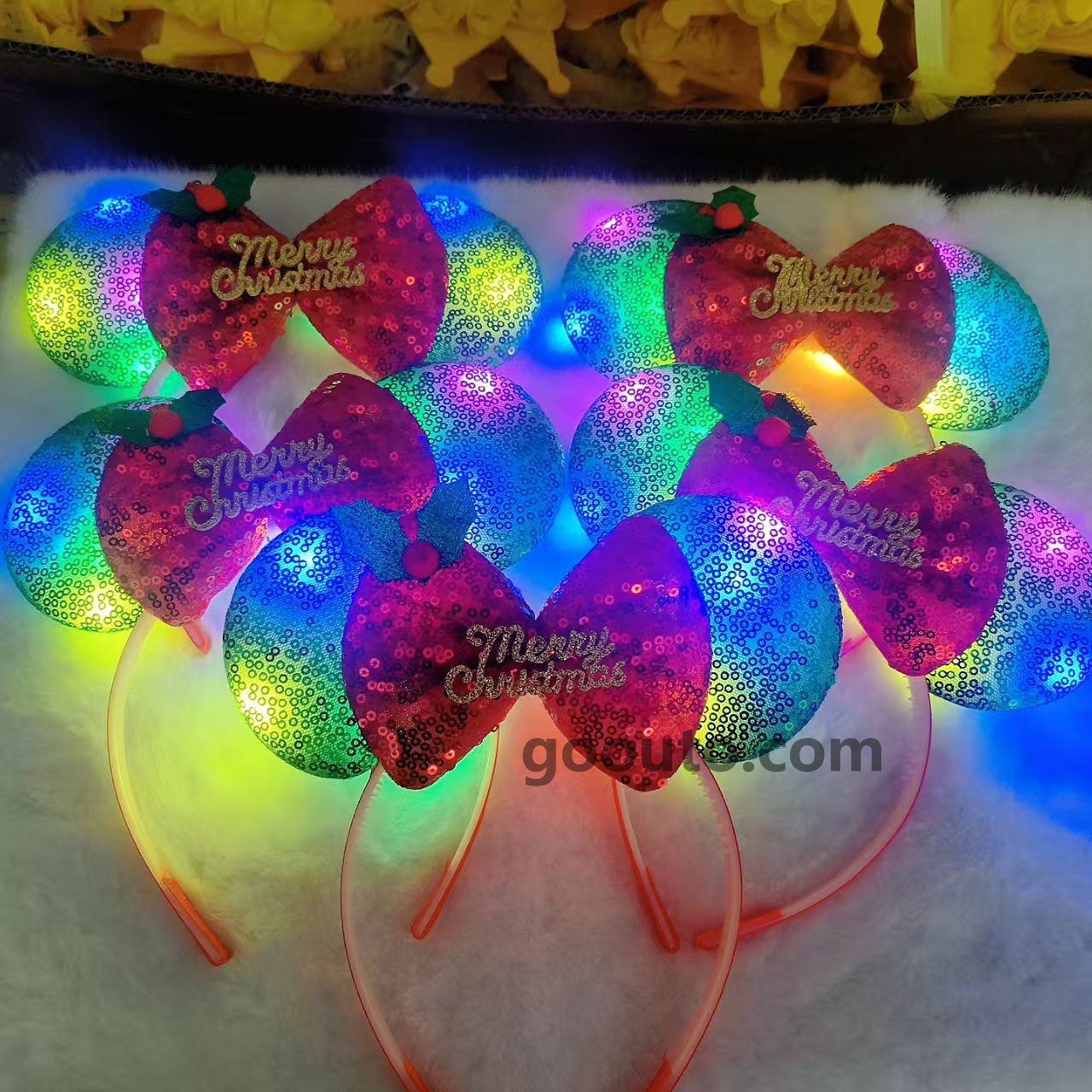 CS-073 LED Sequined Bow Headband Merry Christmas Holly Light-Up Wholesale